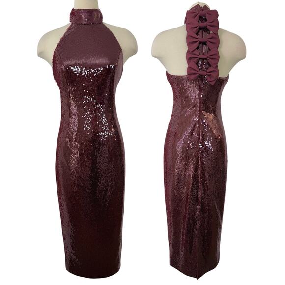 Rebecca Vallance Zelda Bow-Detailed Sequined Midi Dress Red US 4 - Picture 1 of 13